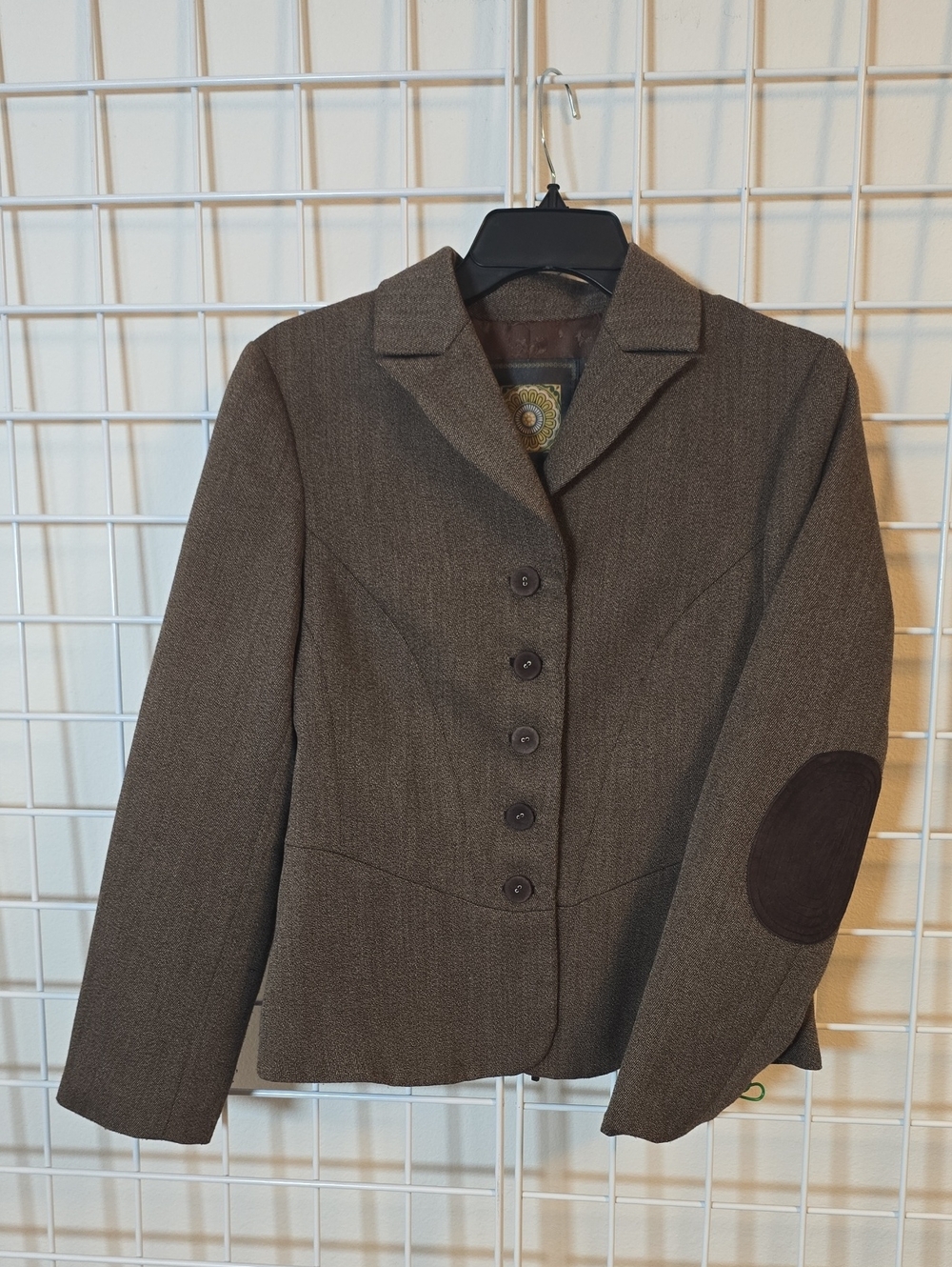 Debbie Shuchat Tailored Brown Women's Blazer Elbow Lace Up Back Patches Size 10